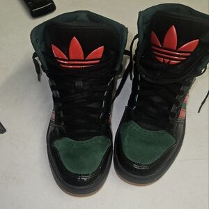 Adidas Black and Green Sneakers with Red Logo